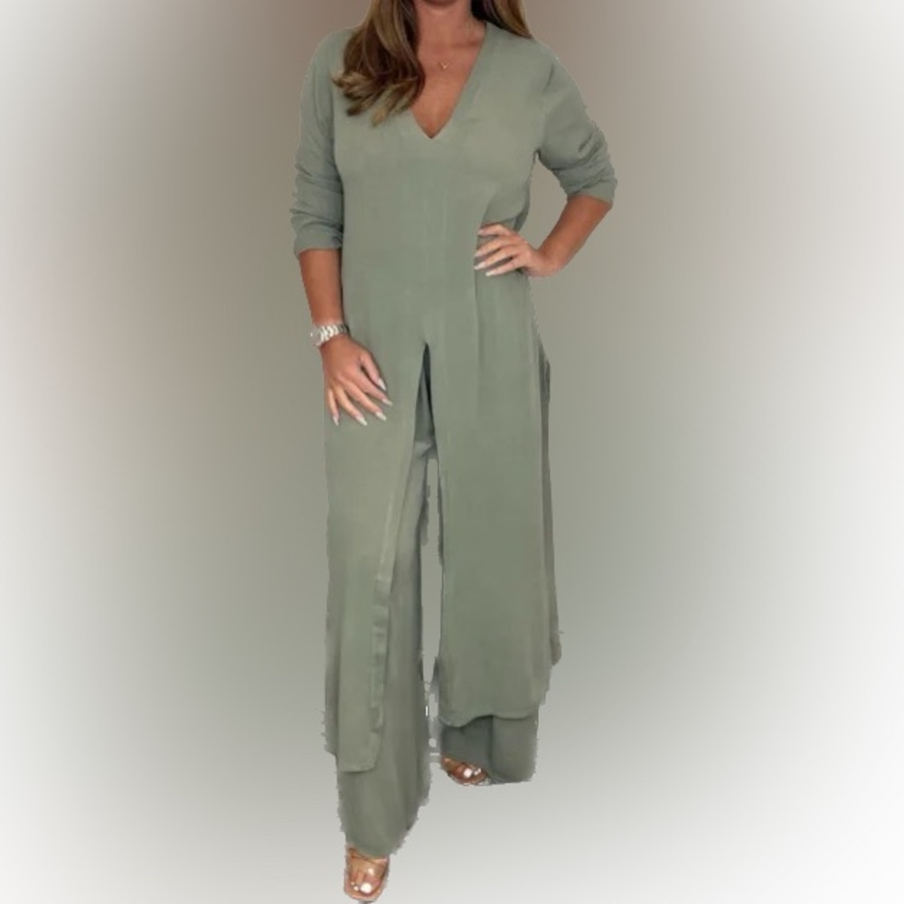 Elegant Olive Green Long Sleeve Coord 2Pc Set